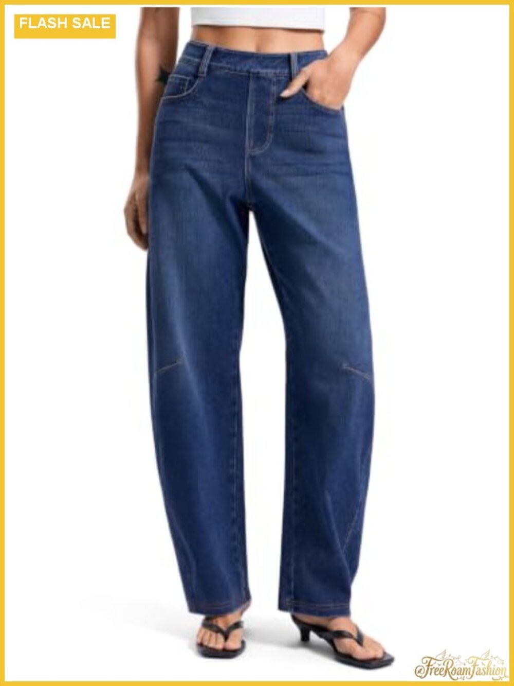 Stretchy Barrel Jeans Baggy Pants for Women High Waist Pull On with Pockets